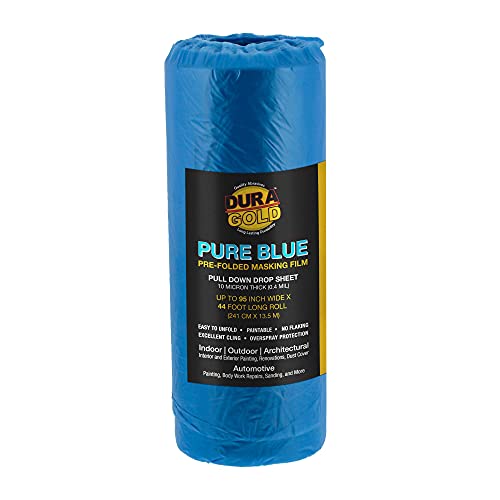Dura-Gold 95" x 44' Pure Blue Pre-Folded Masking Film - Painters Plastic Roll (0.4 Mil) Pull Down Drop Sheet, Pre-Folded Plastic Sheeting for Painting Protection on Auto, Walls, Furniture - size: 95-inch