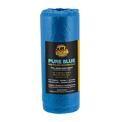 Dura-Gold 95" x 44' Pure Blue Pre-Folded Masking Film - Painters Plastic Roll (0.4 Mil) Pull Down Drop Sheet, Pre-Folded Plastic Sheeting for Painting Protection on Auto, Walls, Furniture - size: 95-inch