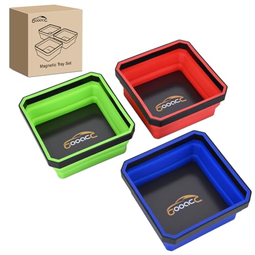 GOOACC 3 Pcs Square Collapsible Magnetic Parts Tray Set Multiple Colors Silicone Foldable Tool Trays Organizer for Screws Bolts Nuts Pins Washers and Other Small Metal Parts Double Sided Magnet Base - color: Red/Blue/Green