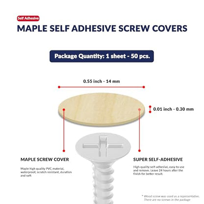 Maple Self-Adhesive Screw Hole Stickers - 50 pcs. 0.55 inch / 14 mm Peel Stick Dust Proof Tape, Water Resistance PVC Caps for Wood Cabinets, Furniture, Drawer, Wardrobe, Kitchen, Table - color: Maple, size: 0.55 inch - 14 mm