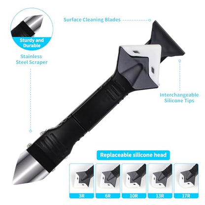 11Pcs Silicone Caulking Tools 3 in1 Grout Removal Tool(Stainless Steelhead)&Grout Remove Scraper,5 Silicone Replaceable Pads,4 Glass Glue Angle Scraper, Caulk Remover for Kitchen/Bathroom/Window/Joint