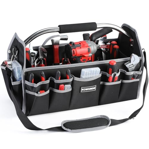 Kowsinde 18 Inch Tool Bag, Electrician Tool Bag, Open Top Tool Bags, 26 Pockets Can Hold Many Tools, Steel Handle and Removable Shoulder Strap - color: Grey