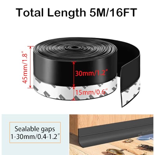 Window Sealing Strip, Self Adhesive Weather Stripping, Silicone Door Bottom Seal Strip Tape for Gaps of House Glass Shower Window and Door Weatherproof Soundproof, Transparent (5m 45mm Black) - size: 5m 45mm Black