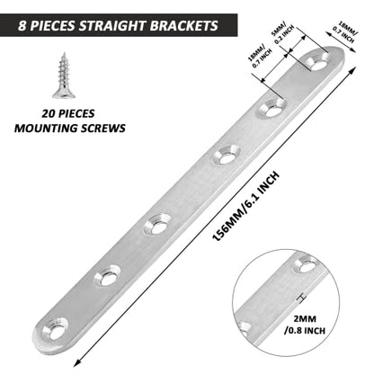 Litoexpe 4 Pcs 6.1 Inch Stainless Steel Straight Brackets, Silver Flat Straight Brace Metal Mending Plate Connector for Wood Furniture Repair, with 20 Pieces Screws (6.1 x 0.7 inch, 156 x 18 mm) - style: 6.1 x 0.7 inch (4 Pack)
