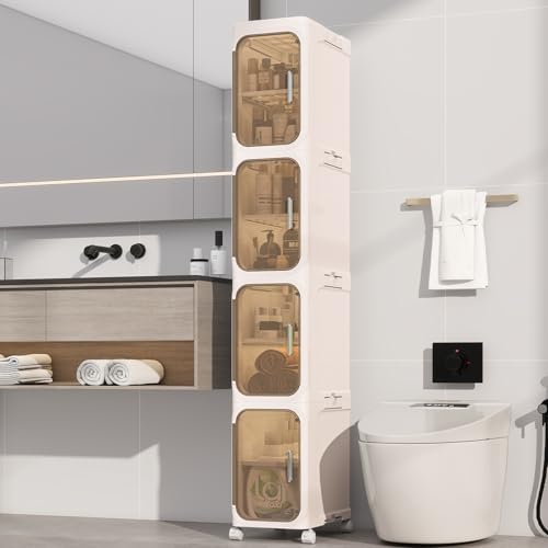KHNR 4-Tiers Slim Bathroom Storage Cabinet, Foldable Storage Cabinets,Narrow Bathroom Storage,Movable Bathroom Storage Organizer for Small Spaces,Bathroom,Kitchen,Laundry,Cream White - color: Cream White, size: 4-Tiers