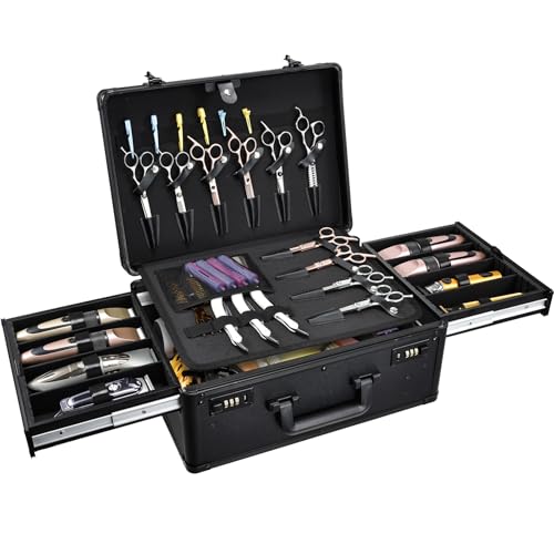 Yueieoun Barber Case with Clippers Sliding Tray, Profesional Barbers Briefcase Tool Case, Barber Cases for Clippers and Supplies, Hair Scissors Trimmer Organizer, Salon Grooming Hard Travel Suitcase - color: Black with Sliding Tray