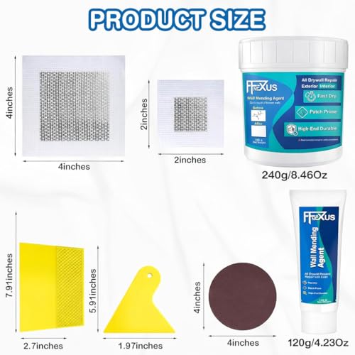 Drywall Repair Kit – 4.23 oz Tube + 8.47 oz Putty Jar with 2×2″&4×4″ Wall Patch Mesh, Dual Scrapers & 2 Sandpapers| Fast-Dry Spackle & Sheetrock Crack Filler for Wall, Ceiling, Plaster Repair - color: 2 Pack & Wall Patches