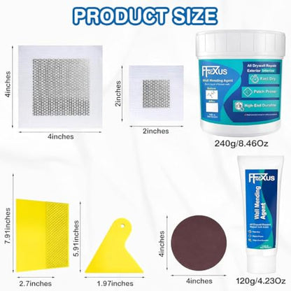 Drywall Repair Kit – 4.23 oz Tube + 8.47 oz Putty Jar with 2×2″&4×4″ Wall Patch Mesh, Dual Scrapers & 2 Sandpapers| Fast-Dry Spackle & Sheetrock Crack Filler for Wall, Ceiling, Plaster Repair - color: 2 Pack & Wall Patches