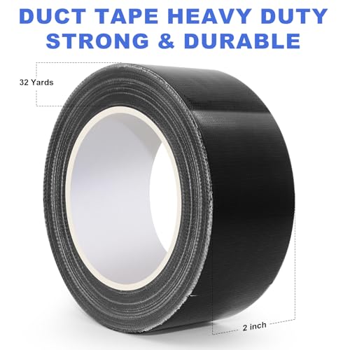 Black Duct Tape, 2 Inches x 32 Yards, Heavy Duty, Strong Adhesive Duct Tape, Easy-Tear by Hand, Residue-Free, Waterproof for Home Repairs, Fixed Carpet Edge, DIY Projects - color: Black