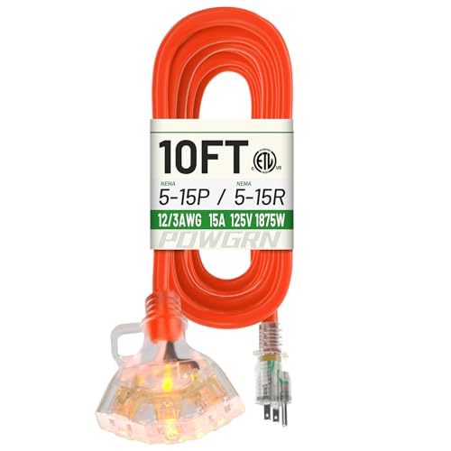 POWGRN 10 FT 12/3 Gauge Extension Cord with Multiple Outlets Outdoor, 3 Outlet Extension Cord Heavy Duty Orange with Lighted, Tri-Tap Power Cable, 12AWG 15Amp 1875Watts 125Volts SJTW, ETL Listed - size: 10FT-1pc, style: 3 Outlet