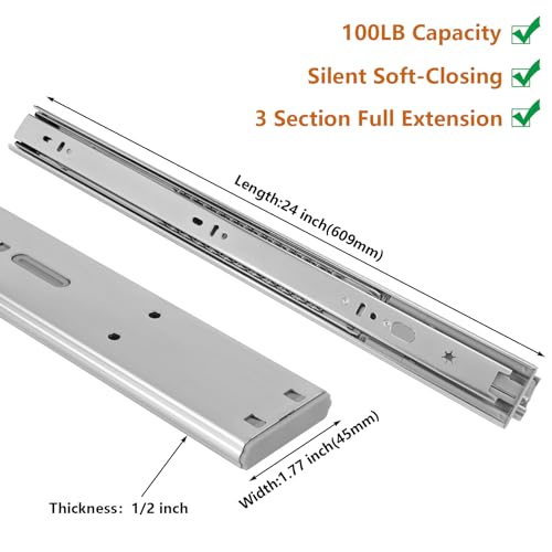 LONTAN 10 Pairs Soft Close Drawer Slides 24 Inch Side Mount Heavy Duty Cabinet Drawer Glides - Ball Bearing Full Extension Kitchen Cabinet Rails 100 LB Capacity - color: Silver-Soft Close, size: 24 Inch - Drawer Slide