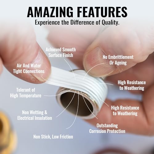 High Density PTFE Plumbers Tape for Shower Head, Faucet, and Water line Connections - Food Safe, White, 1/2" Width, 460" Length - Thread Sealant to Stop Water leaks