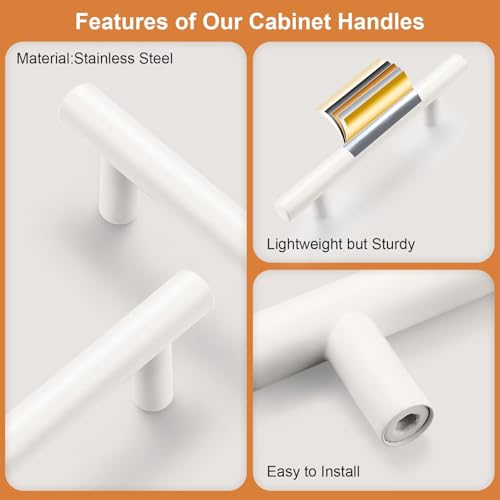 Probrico 5 Pack Hole Centers (76mm) 3inch White Kitchen Cabinet Handles Stainless Steel White Cabinet Pulls Euro Style Pull Handle for Cabinets and Drawers Total Length 5inch - color: White, size: Hole Centers: 3"
