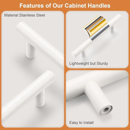 Probrico 5 Pack Hole Centers (76mm) 3inch White Kitchen Cabinet Handles Stainless Steel White Cabinet Pulls Euro Style Pull Handle for Cabinets and Drawers Total Length 5inch - color: White, size: Hole Centers: 3"