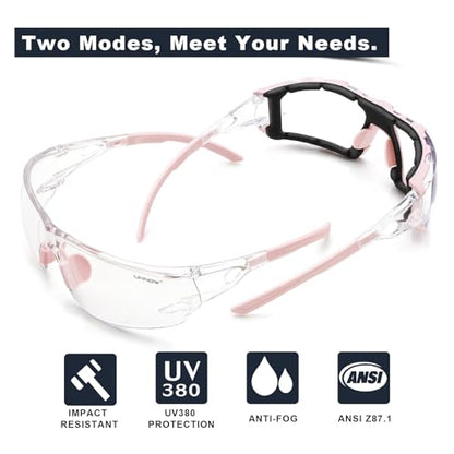 UKNOW Safety Glasses - Anti Fog Wraparound Lenses - Removable Foam Gasket - ANSI Z87.1 Protective Eyewear - Impact Resistant - color: Pink