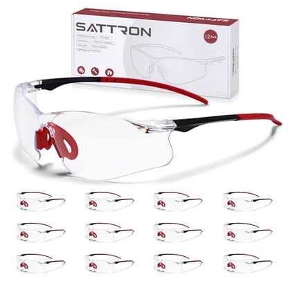 Clear Safety Glasses 12 Pack, Protective Eyewear UV Protection ANSI Z87.1, Safety Goggles Scratch & Impact Resistant, Eye Protection with Nose Pads for Men & Women Construction, Shooting, Lab Work - color: Clear Lens/Red Temples, style: 12 Pack