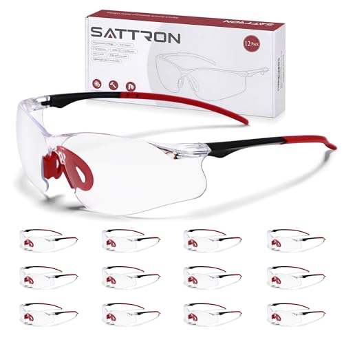 Clear Safety Glasses 12 Pack, Protective Eyewear UV Protection ANSI Z87.1, Safety Goggles Scratch & Impact Resistant, Eye Protection with Nose Pads for Men & Women Construction, Shooting, Lab Work - color: Clear Lens/Red Temples, style: 12 Pack