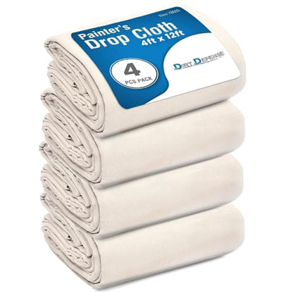 Pack of 4: 4x12 Drop Cloth Cotton Tarp Large Canvas Tarp for Art Supplies, Drop Cloths for Painting Supplies/Paint Canvas Fabric and Furniture Cover from Paint by DIRT DEFENSE - size: 4ft x 12ft Pack of 4