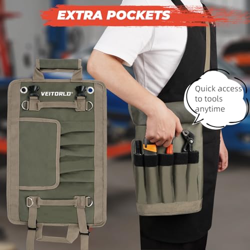 Tool Roll Up Bag, Gifts for Men Dad from Wife Daughter Fathers Day, Portable Tools Box Storage for Men, Heavy Duty Tool Organizer W/Detachable Pouches for Electrician Mechanic Carpenter - style: Roll-Khaki&green