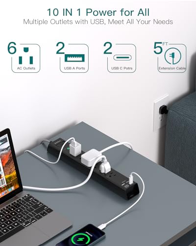 Surge Protector Power Strip - Extension Cord with Addtam 6 AC Outlets 4 USB (2 USB-C Ports), 1875W/15A, Flat Plug with Overload Surge Protection, Outlet Extender for Home Office Dorm Room Essentials - style: Braided Cord