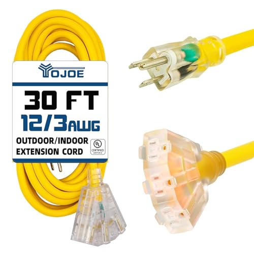 YOJOE 3-Outlets Indoor Outdoor Extension Cord with Lighted End, 3 Prong 15A Weatherproof Power Cord, 12 Gauge Heavy Duty 30 ft Yellow Extension Cord Multiple Outlets, 12/3 SJTW UL Listed - color: Yellow, size: 30 Foot