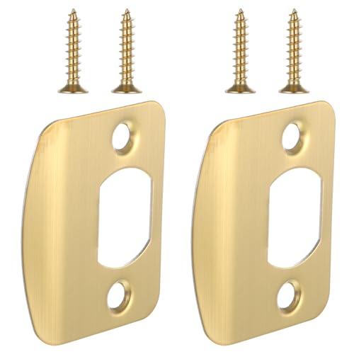 Door Strike Plate 2-1/4"x1-3/4", 2 Pcs Universal Round Corner Design Gold Stainless Steel Construction Extended Lip Door Latch Plates Hardware with 4 Pcs 0.8" Screws for Interior/Exterior Doors - color: Gold
