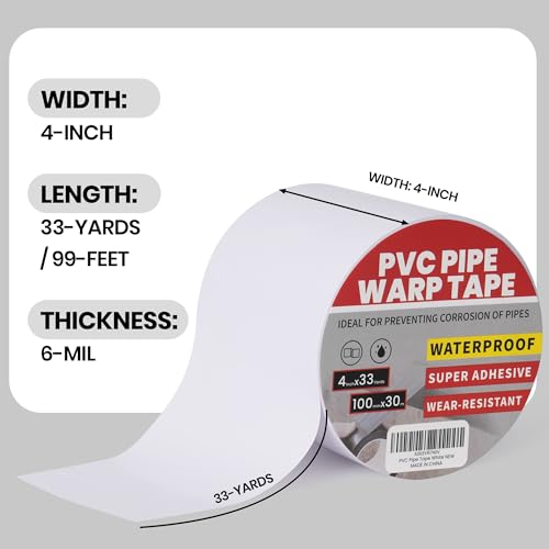 TAPEBEAR Corrosion Protection Pipe Tape, Pipe Wrap Tape for Drain Pipe, Metal Electrical Outdoor Underground Pipe, Waterproof PVC White Tape, Duct Anti-Corrosion and Protection, 4Inch x 33Yard - size: 4inch x 33yard