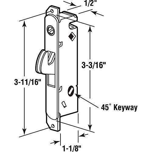 Prime-Line E 2014 Mortise Lock - Adjustable, Spring-Loaded Hook Latch Projection for Sliding Patio Doors Constructed of Wood, Aluminum and Vinyl, 3-11/16 In., 45º Keyway, Round Face (Single Pack) - style: 45 Degree Keyway