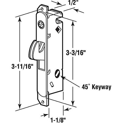 Prime-Line E 2014 Mortise Lock - Adjustable, Spring-Loaded Hook Latch Projection for Sliding Patio Doors Constructed of Wood, Aluminum and Vinyl, 3-11/16 In., 45º Keyway, Round Face (Single Pack) - style: 45 Degree Keyway