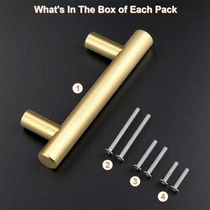Probrico 5 Pack Hole Centers (64mm) 2-1/2inch Gold Kitchen Cabinet Handles Stainless Steel Polished Gold Cabinet Pulls Round T Bar Pull Handle for Cabinets and Drawers Total Length 4inch(100mm) - color: Gold, size: Hole Centers: 2-1/2"