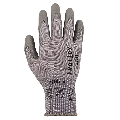 Ergodyne ProFlex 7024 Cut Resistant Work Gloves, ANSI A2, PU Coated Palms for Flexible No Slip Grip, Abrasion Resistant, 13g, Touchscreen Capable, Gray, Small - size: Small