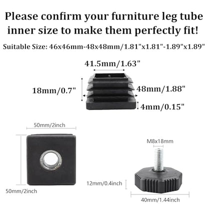 8Pcs Adjustable Leveling Feet 50 x 50mm Square Insert Kit Furniture Glide Leveler, Leveling Screw Leg for Cabinets Sofa Tables Chairs Raiser, Black - size: 50x50mm