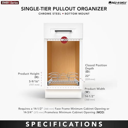 Rev-A-Shelf Kitchen Cabinet Wire Pullout Shelf and Drawer Organizer Pantry Storage with Basket and Mounting Hardware, 15 x 22 In, 5WB1-1522CR-1 - size: 15" W X 22"d, style: Single Tier