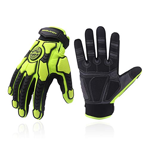 HANDLANDY HLDD Heavy Duty Work Gloves, TPR Protector Impact Gloves, Men Anti Vibration Mechanic Work Glove TouchScreen - color: Green, size: Medium (Pack of 1)