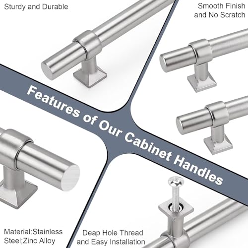 knobelite 5 Pack Hole Centers 5 inch Brushed Nickel Cabinet Handles Stainless Steel Kitchen Dresser Pulls with Zinc Alloy T Bar Drawer Pull Handle 7.5inch Length - color: Brushed Nickel, size: Hole Centers: 5inch