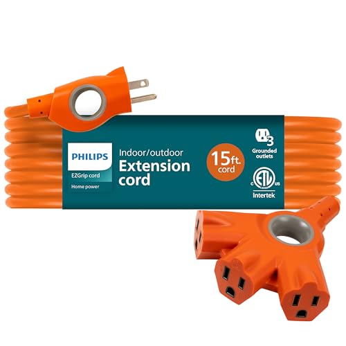 Philips EZGrip Outdoor Extension Cord with Multiple Outlets, Grounded 3 Prong Cord, Long Indoor with Multiple Outlets, Heavy Duty, 15 Ft, 16 AWG, Orange, SPS3233O/37 - color: Orange, size: 15 Ft, style: 3-Outlet