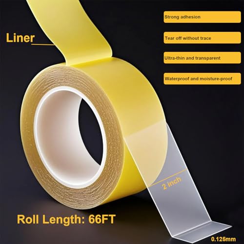 Ultra-Thin Heavy Duty Double Sided Tape - 2 Inch x 66 Feet, Clear Strong Two Sided Stick Mounting Tape for Walls, Woodworking, Crafts, Arts, Etc, Hemming Tape for Fabric, Curtains, No Residue - size: 2Inch x 66Feet