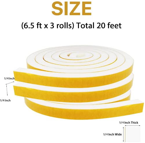 Weather Stripping Door Seal-3 Rolls, 1/4 Inch Wide X 1/4 Inch Thick Total 20 Feet Long, Foam Seal Tape for Window Insulation(6.5ft x 3 Rolls) - size: 1/4" (W) x 1/4" (T) x 20' (L)