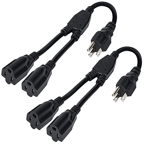 Elecan 3-Prong Y Splitter Power Extension Cord 1 FT/2 Pack, Straight Plug 1 to 2 Way Outlet Space Saver, Heavy Duty Weatherproof SJTW, 16AWG 13A, 5-15P Cable Extender for Indoor Outdoor-UL - size: 1FT-2Pack, style: Straight Plug