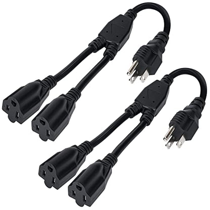 Elecan 3-Prong Y Splitter Power Extension Cord 1 FT/2 Pack, Straight Plug 1 to 2 Way Outlet Space Saver, Heavy Duty Weatherproof SJTW, 16AWG 13A, 5-15P Cable Extender for Indoor Outdoor-UL - size: 1FT-2Pack, style: Straight Plug