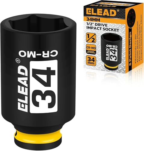 ELEAD 34 mm Socket 1/2" Drive Deep Impact Socket, Metric 6 Point 1/2-inch Drive Impact Axle Nut Sockets, CR-MO Nut Socket Set, Tools for Easy Removal of Axle Shaft Nuts - color: 34mm