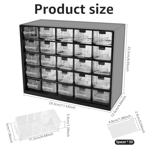 25 Drawers Stackable Storage Cabinet with 50 Removable Dividers, Clear Small Parts Organizer for Hardware, Crafts & Beads, Desktop Drawer Unit for Office Supplies & Teacher Toolbox, 11.5×8.9×4.8 In