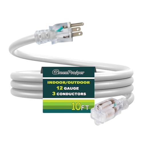 10 FT White Extension Cord with Lighted End, 12 AWG 3 Prong Indoor Outdoor Heavy Duty Waterproof Power Cable for Major Appliance, 12/3 SJTW UL Listed - color: White, size: 10 FT