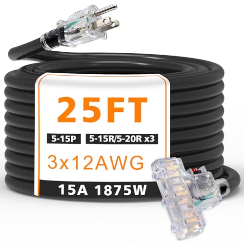12 Gauge Extension Cord 25 ft, NEMA 5-15P to 5-20R x3, Heavy-Duty Extension Cord with Multiple Outlets/Circuit Breaker/Lighted End, 15A 12AWG 1875W SJTW, Great for Tools, Home Appliances - size: 25ft, style: NEMA 5-15P to 5-15R/5-20R