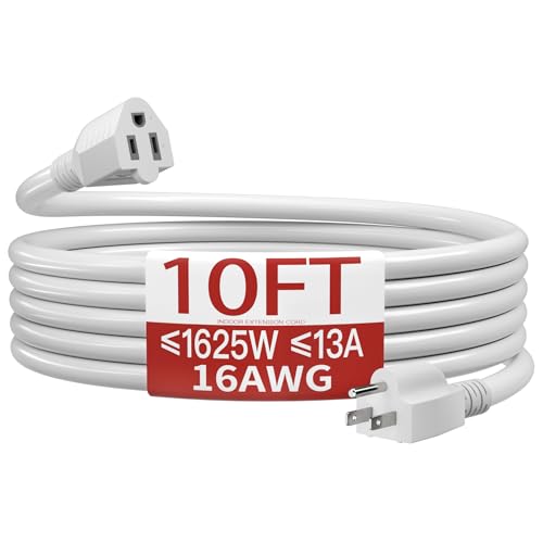 16/3 Short Extension Cord 10 FT, White Extension Cord Flexible & Durable, Indoor 3 Prong Power Cable, Suitable for Home and Office, 13 Amp 1625 Watt 125VAC 16AWG, ETL Listed - color: White, size: 10FT, style: 16AWG INDOOR