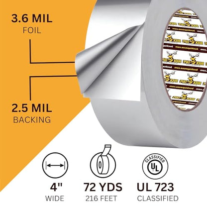 6 Pack Buck Aluminum Foil Tape – 4 Inch x 216ft (72 yd), 3.6 Mil – HVAC Tape for Ductwork, AC, Dryer Vents & Insulation – Silver Foil Tape for Metal Repair, Exhaust Sealing & Air Conditioning - size: 4 Inch, style: 6 Pack