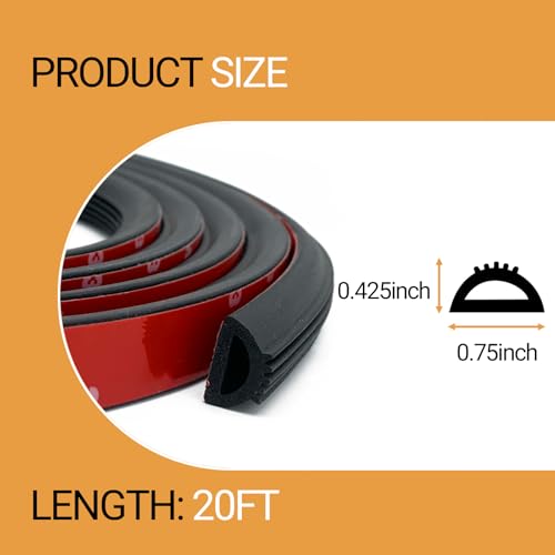 D Shape Rubber Weather Stripping, Self-Adhesive EPDM Rubber Seal Strip Gasket for Automotive, RV Slide Out Seal, Marine, Garage Doors/Window and More - 0.75” Width, 0.425” Height - 20FT