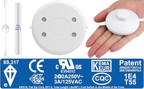 6ft/1.8m On/Off Extension Cord Foot Switch Pedal, Switch in Middle of Cord, 2-Prong Polarized Plug and Plug in Outlet AWG18 250VAC Step Switch Floor Lamp Christmas Tree Light Push Button White