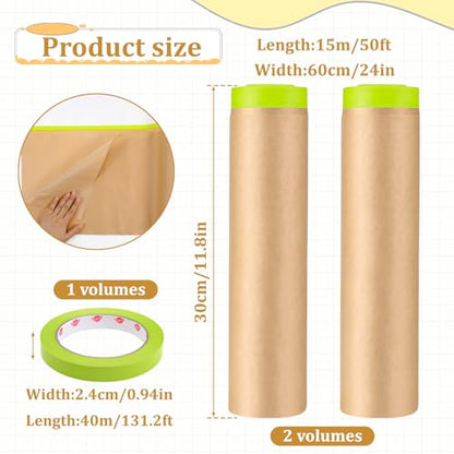 2 Rolls Pre-Taped Masking Paper for Painting 24 inch x 50 feet Tape and Drape Painters Painters Masking Tape Adhesive Protective Paper for Auto Body Covering Skirting Wall Covering