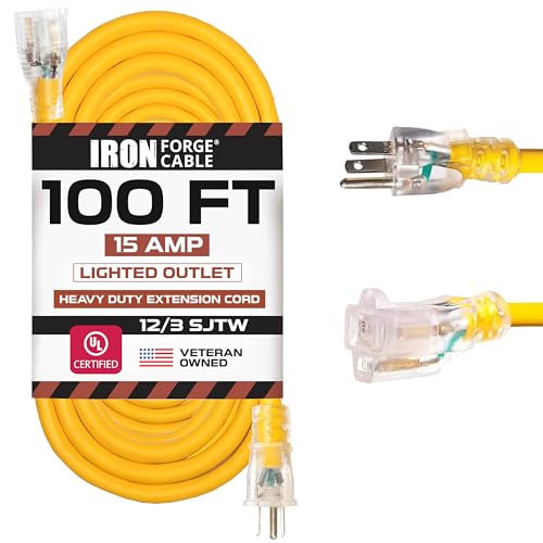IRON FORGE CABLE 100 Foot Outdoor Extension Cord - 12/3 SJTW Heavy Duty Yellow 3 Prong Extension Cable, 15 AMP - Great for Garden and Major Appliances - size: 100FT